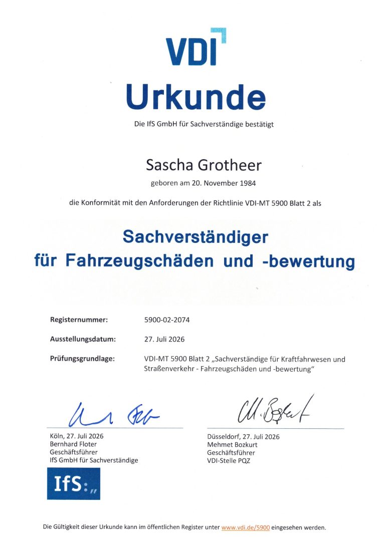 VDI-Zertifikat – Sascha Grotheer | Unfallschadenhilfe Nord VDI Urkunde Kfz-Sachverständiger Sascha Grotheer Unfallschadenhilfe Nord Brake