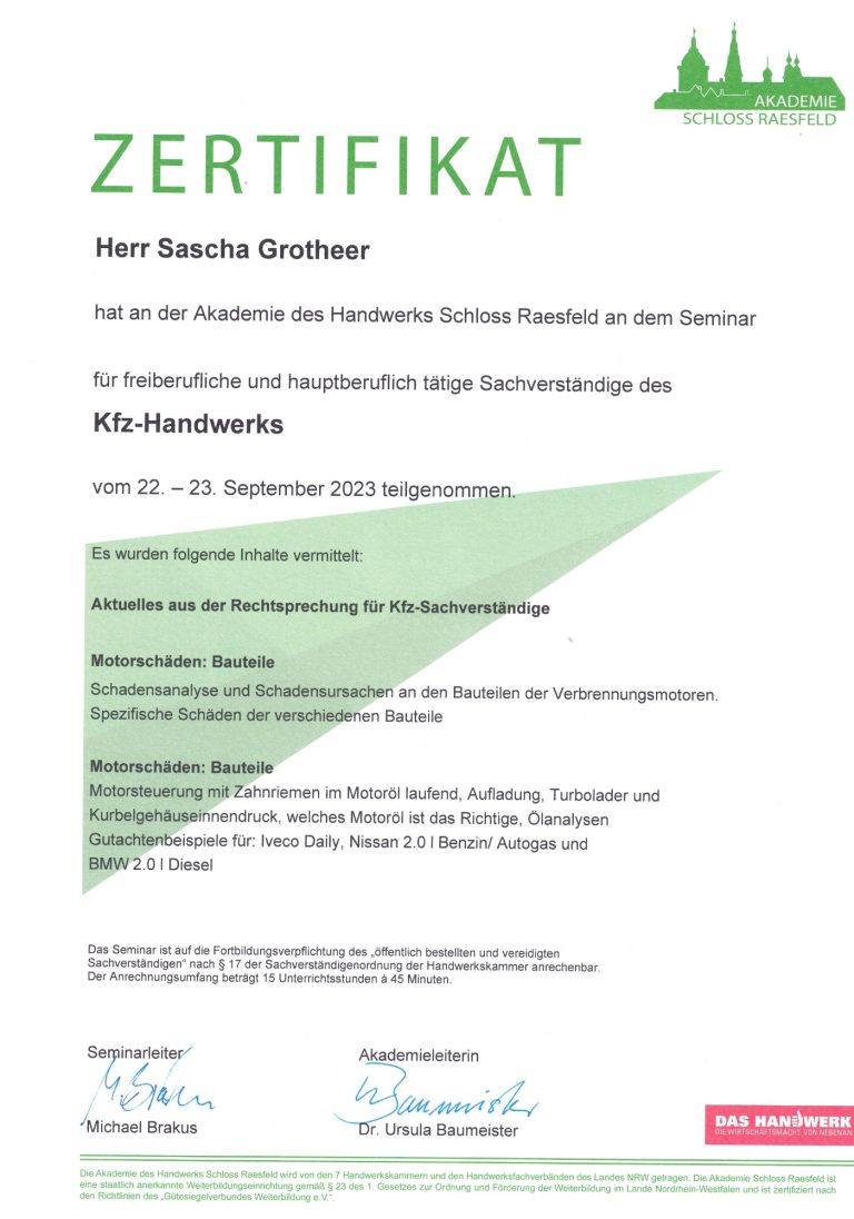 Zertifikat Kfz-Handwerk - Motorschäden Schadenanalyse & Schadenursachen Zertifikat Kfz-Handwerk - Motorschäden Schadenanalyse & Schadenursachen