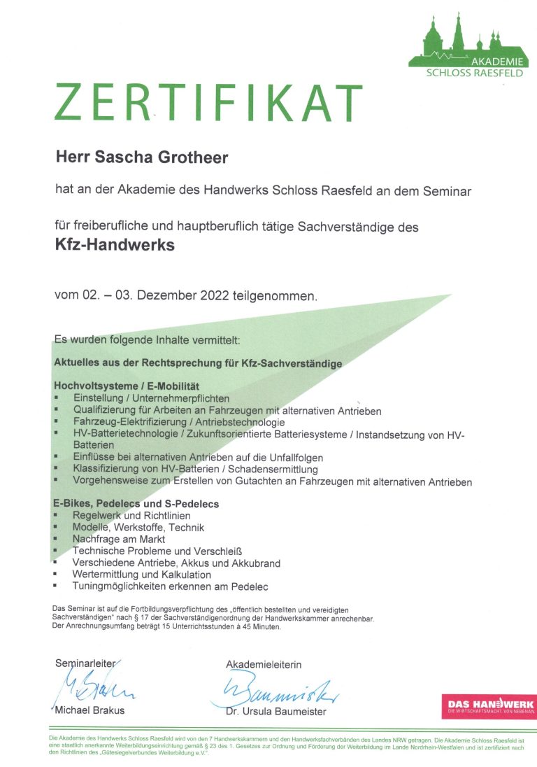 Zertifikat Kfz-Handwerk - Hochvoltsysteme / E-Mobilität & E-Bikes / Pedelecs Zertifikat Kfz-Handwerk - Hochvoltsysteme / E-Mobilität & E-Bikes / Pedelecs