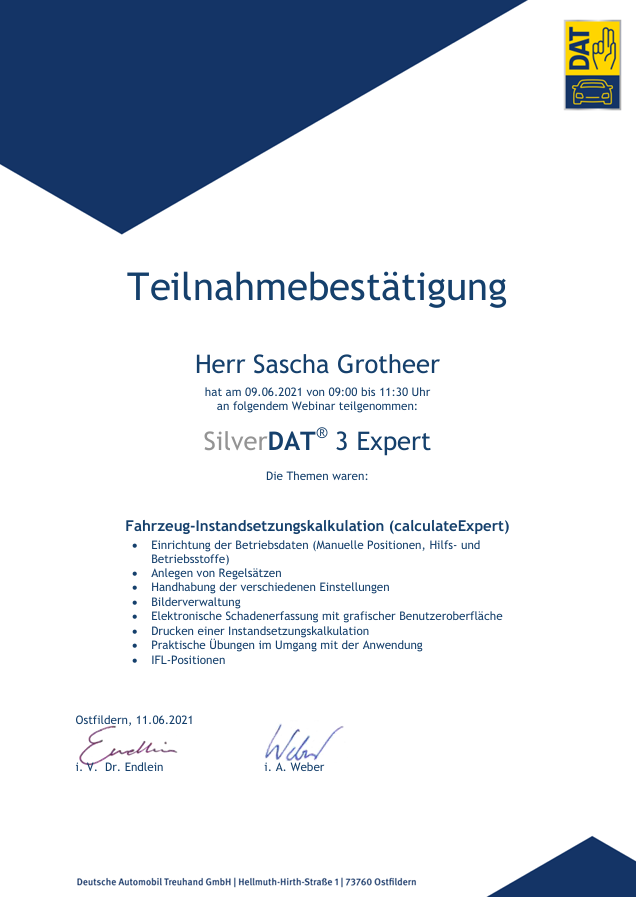 Teilnahmebestätigung calculate Expert SilverDAT® 3 Expert Teilnahmebestätigung calculate Expert SilverDAT® 3 Expert