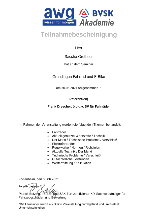 Zertifikat Grundlagen Fahrrad und E-Bike Zertifikat Grundlagen Fahrrad und E-Bike