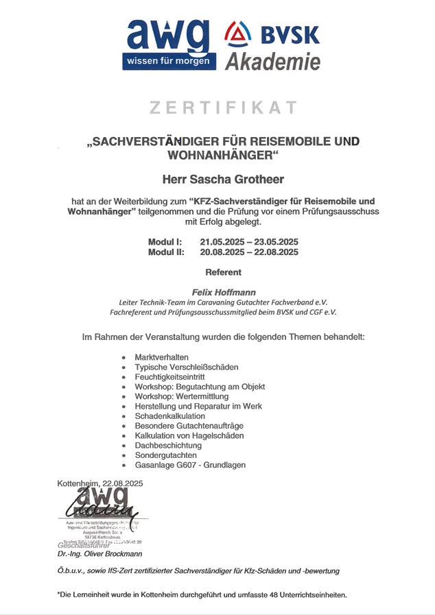 Sachverständiger für Reisemobile & Wohnanhänger Sascha Grotheer Sachverständiger für Reisemobile & Wohnanhänger (Wohnwagen & Wohnmobile) in der Wesermarsch und Bremerhaven