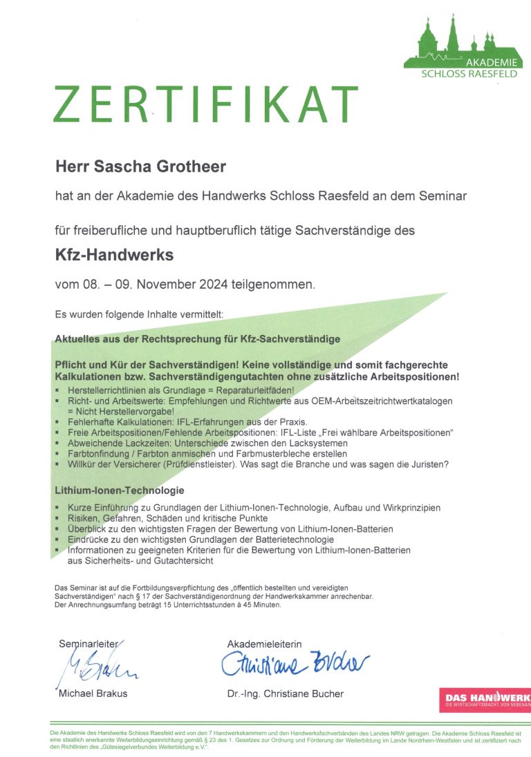 Zertifikat Kfz-Handwerk - Fachgerechte Sachverständigengutachten & Lithium-Ionen-Technologie Zertifikat Kfz-Handwerk - Fachgerechte Sachverständigengutachten & Lithium-Ionen-Technologie